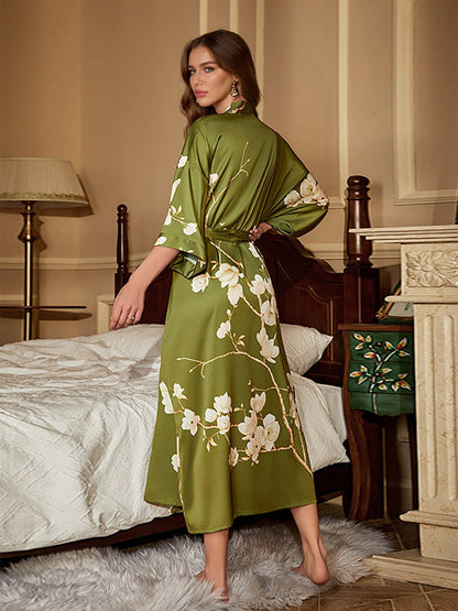 Robes Longues pour Femmes à Manches 3/4 avec Fleur de Magnolia Peinte à la Main