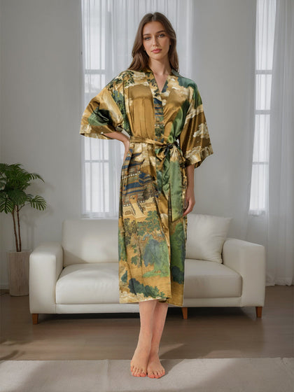 Robes pour Femmes à Imprimé Floral et Paysage Peint à la Main à L'Encre Brune