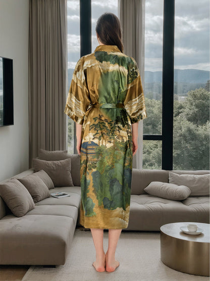 Robes pour Femmes à Imprimé Floral et Paysage Peint à la Main à L'Encre Brune