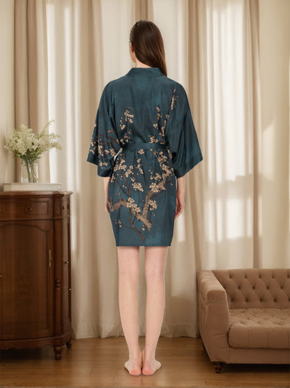 Peignoirs Courts/Minis pour Femmes à Fleurs de Prunier Peintes à la Main Bleu Foncé