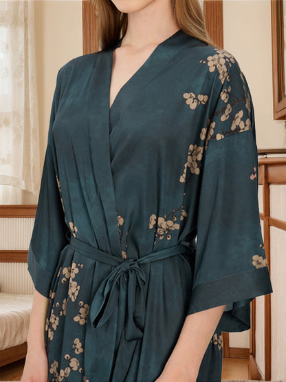 Peignoirs Courts/Minis pour Femmes à Fleurs de Prunier Peintes à la Main Bleu Foncé
