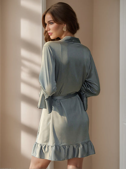 Robes Courtes/Mini en Satin de Soie Uni Sexy pour Femmes avec Volants