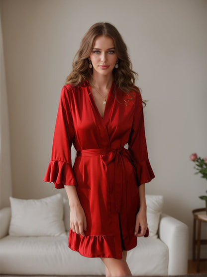 Robes Courtes/Mini en Satin de Soie Uni Sexy pour Femmes avec Volants