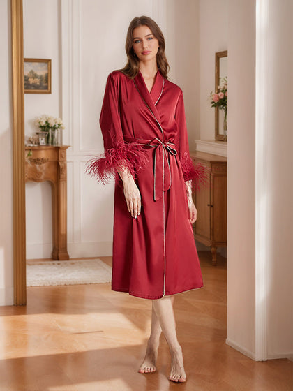 Robes de Femmes Haut de Gamme Longueur Mi-Mollet Rouge Vin avec Plumes