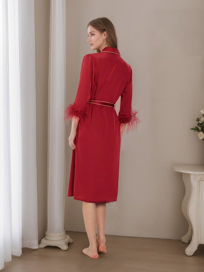 Robes de Femmes Haut de Gamme Longueur Mi-Mollet Rouge Vin avec Plumes