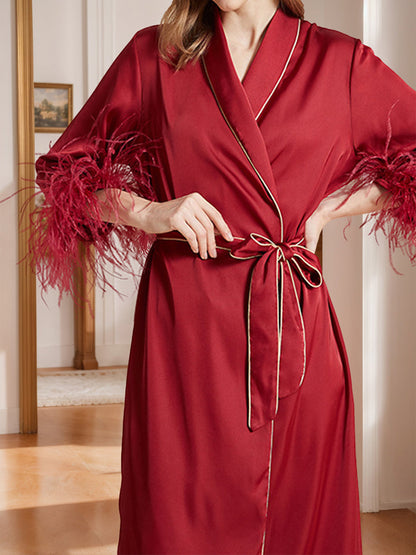Robes de Femmes Haut de Gamme Longueur Mi-Mollet Rouge Vin avec Plumes