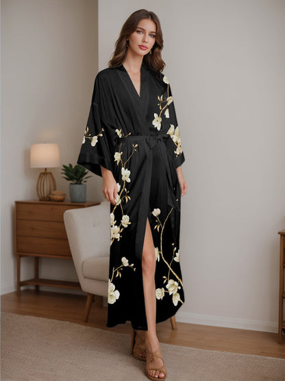 Robe Longue pour Femme à Manches 3/4 Imprimé Magnolia Noir