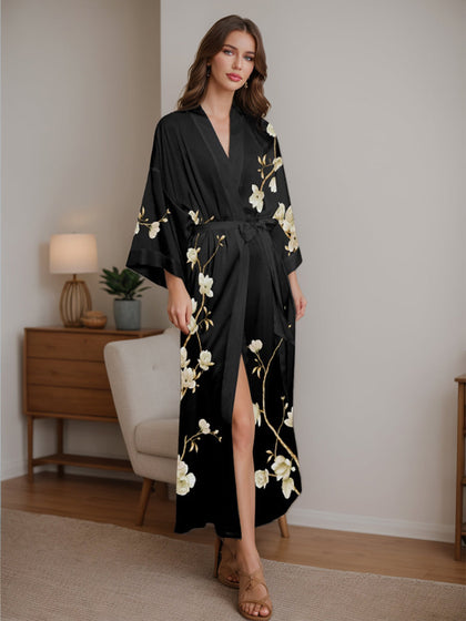 Robe Longue pour Femme à Manches 3/4 Imprimé Magnolia Noir
