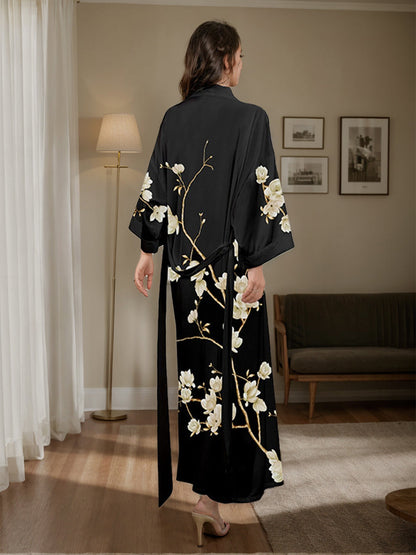 Robe Longue pour Femme à Manches 3/4 Imprimé Magnolia Noir