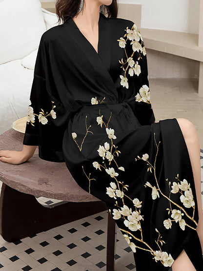 Robe Longue pour Femme à Manches 3/4 Imprimé Magnolia Noir