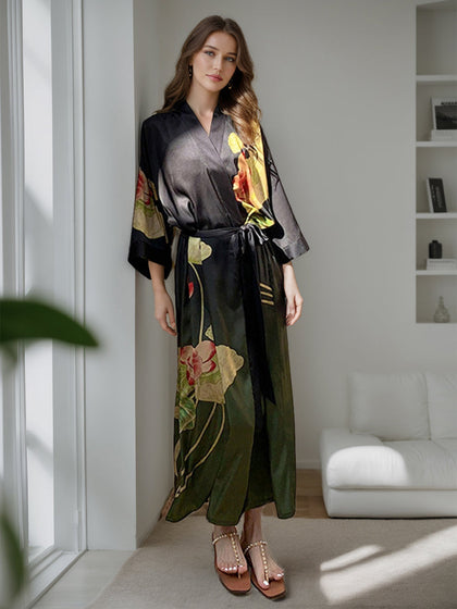 Robe Longue pour Femme à Manches 3/4 Imprimé Lotus Vert