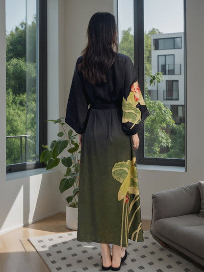 Robe Longue pour Femme à Manches 3/4 Imprimé Lotus Vert
