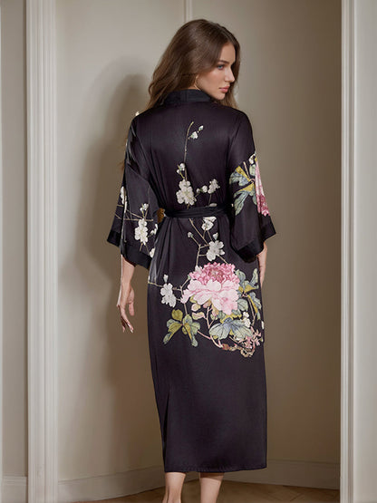 Robe Longue de Mariée Noire Imprimée Pivoine Manches 3/4 pour Femme