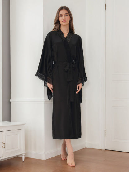 Peignoir de Mariée Long pour Femme en Couleur Unie Luxueux avec Bordure en Dentelle