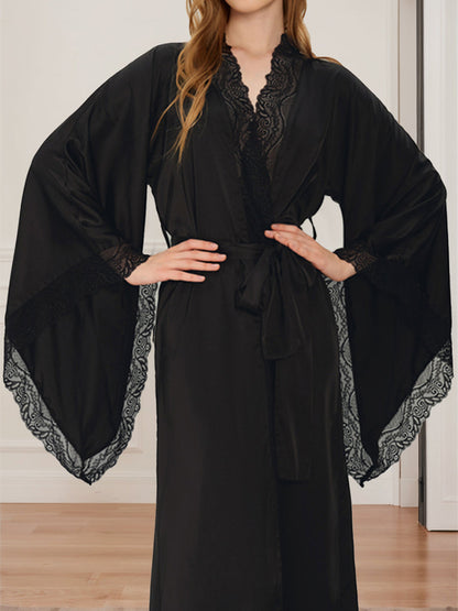 Peignoir de Mariée Long pour Femme en Couleur Unie Luxueux avec Bordure en Dentelle