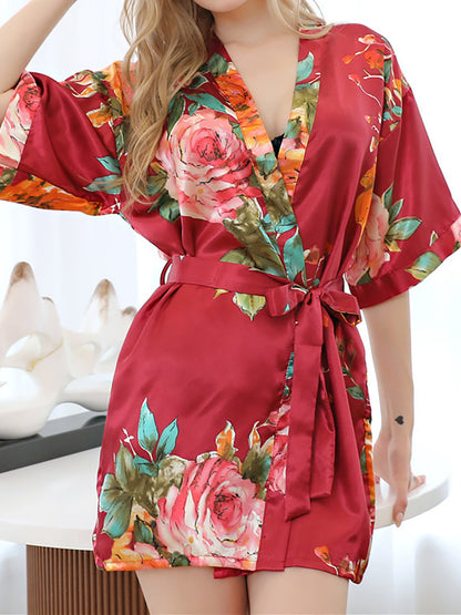 Robes de Demoiselles d'Honneur Courtes à Manches Mi-Longues avec Imprimé Pivoine Rouge