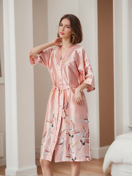 Robes de Mariée Roses à Manches Demi Imprimées avec Grues pour Femmes