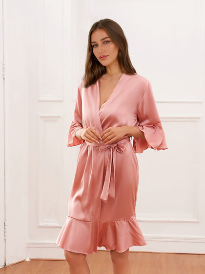 Robes de Mariée Femme Col V Manches Demi-Longueur Genou avec Volants