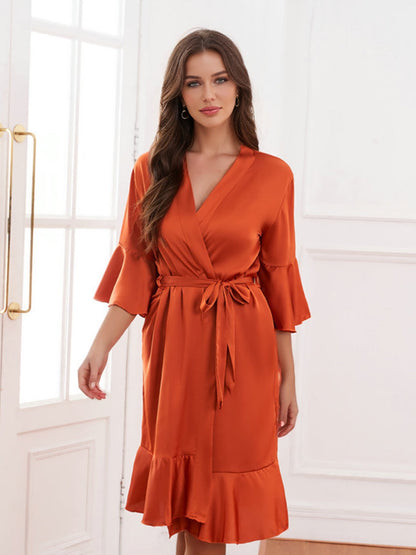 Robes de Mariée Femme Col V Manches Demi-Longueur Genou avec Volants