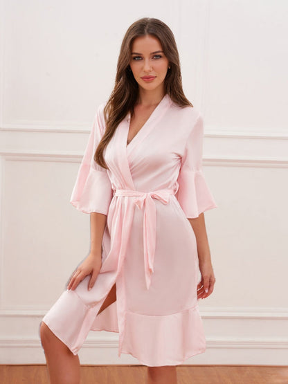 Robes de Mariée Femme Col V Manches Demi-Longueur Genou avec Volants