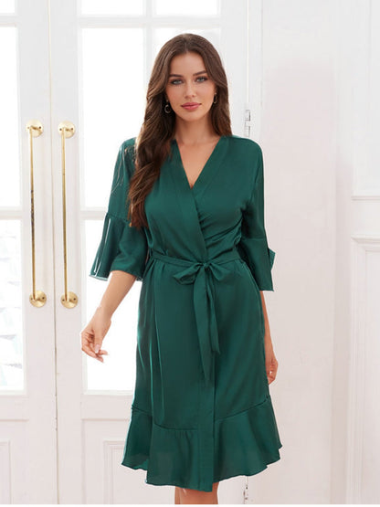 Robes de Mariée Femme Col V Manches Demi-Longueur Genou avec Volants