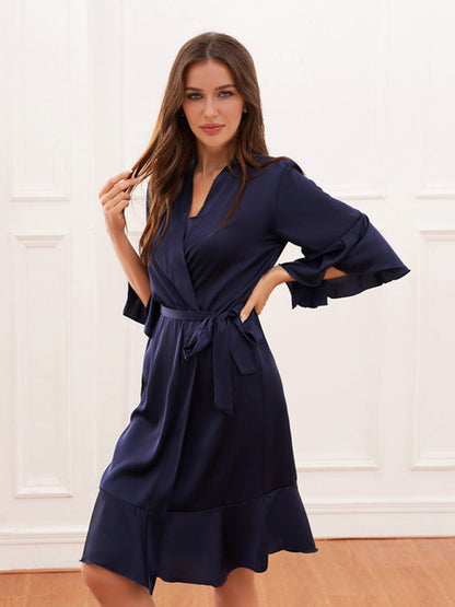 Robes de Mariée Femme Col V Manches Demi-Longueur Genou avec Volants