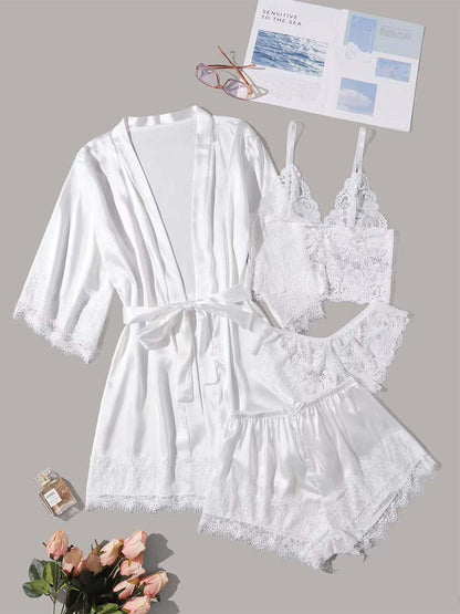 Ensemble de Peignoir Sexy Blanc à Quatre Pièces pour Femme avec Bordure en Dentelle, Court/Mini