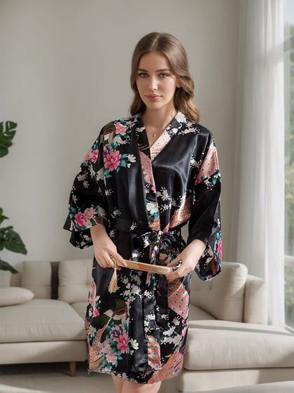 Robes pour Femmes Imprimées Paon Longueur Genou Manches 3/4 Noir