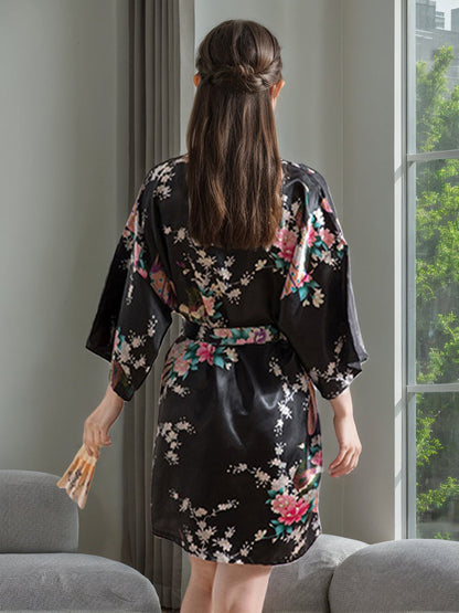 Robes pour Femmes Imprimées Paon Longueur Genou Manches 3/4 Noir