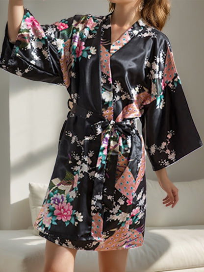 Robes pour Femmes Imprimées Paon Longueur Genou Manches 3/4 Noir