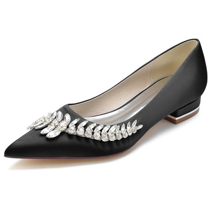 Chaussures de Soirée En Satin de Soie pour Femmes avec Talon Plat et Bout Fermé et Strass