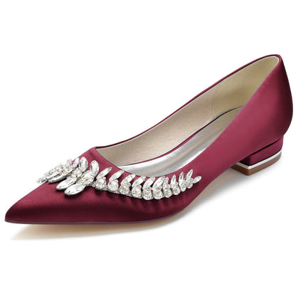Chaussures de Soirée En Satin de Soie pour Femmes avec Talon Plat et Bout Fermé et Strass