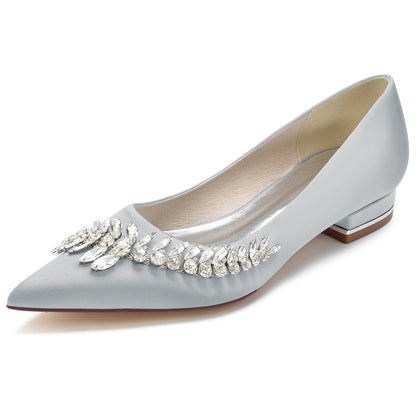 Chaussures de Soirée En Satin de Soie pour Femmes avec Talon Plat et Bout Fermé et Strass