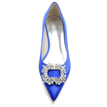 Chaussures de Mariage à Talon Plat En Satin de Soie à Bout Fermé et Strass pour Femmes