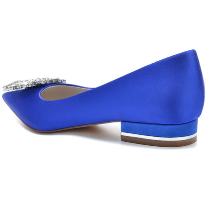 Chaussures de Mariage à Talon Plat En Satin de Soie à Bout Fermé et Strass pour Femmes