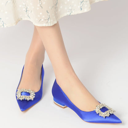 Chaussures de Mariage à Talon Plat En Satin de Soie à Bout Fermé et Strass pour Femmes