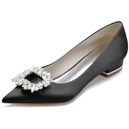 Chaussures de Mariage à Talon Plat En Satin de Soie à Bout Fermé et Strass pour Femmes