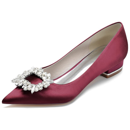 Chaussures de Mariage à Talon Plat En Satin de Soie à Bout Fermé et Strass pour Femmes