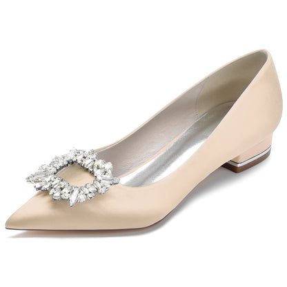Chaussures de Mariage à Talon Plat En Satin de Soie à Bout Fermé et Strass pour Femmes