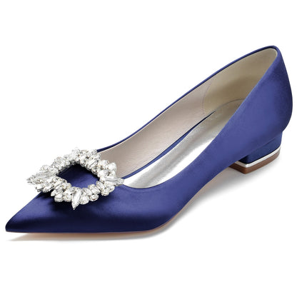 Chaussures de Mariage à Talon Plat En Satin de Soie à Bout Fermé et Strass pour Femmes