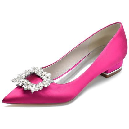 Chaussures de Mariage à Talon Plat En Satin de Soie à Bout Fermé et Strass pour Femmes