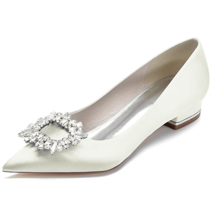 Chaussures de Mariage à Talon Plat En Satin de Soie à Bout Fermé et Strass pour Femmes