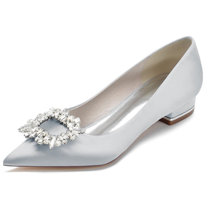 Chaussures de Mariage à Talon Plat En Satin de Soie à Bout Fermé et Strass pour Femmes