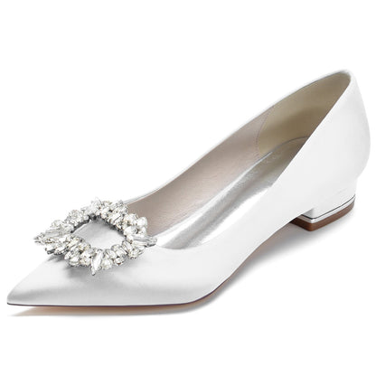 Chaussures de Mariage à Talon Plat En Satin de Soie à Bout Fermé et Strass pour Femmes