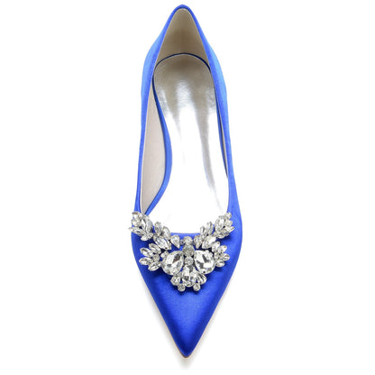 Chaussures de Soirée à Talon Plat et Bout Fermé En Satin de Soie pour Femmes avec Strass
