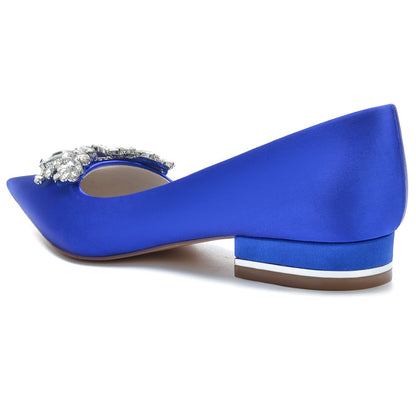 Chaussures de Soirée à Talon Plat et Bout Fermé En Satin de Soie pour Femmes avec Strass