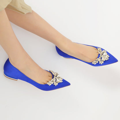 Chaussures de Soirée à Talon Plat et Bout Fermé En Satin de Soie pour Femmes avec Strass