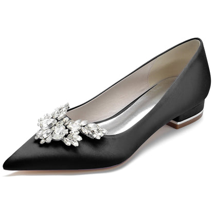 Chaussures de Soirée à Talon Plat et Bout Fermé En Satin de Soie pour Femmes avec Strass