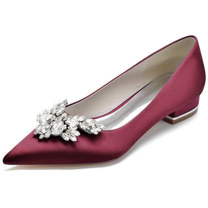 Chaussures de Soirée à Talon Plat et Bout Fermé En Satin de Soie pour Femmes avec Strass
