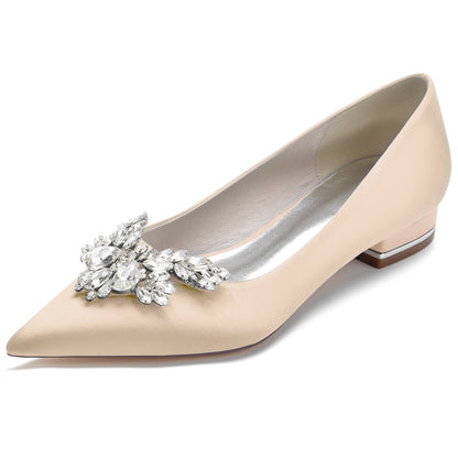 Chaussures de Soirée à Talon Plat et Bout Fermé En Satin de Soie pour Femmes avec Strass